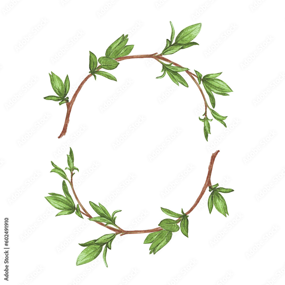 Watercolor illustration of twigs with green leaves, round frame for decorating cards, invitations, stickers for spring holidays, weddings in vintage style Watercolor illustration of twigs with green leaves, round frame for decorating cards, invitations, stickers for spring holidays, weddings in vintage style