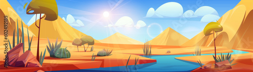 Desert river landscape with yellow sand dunes vector cartoon background. Oasis with lake water in dry african Sahara illustration with dusty green cactus  red stones and hot sun beams with lens flare