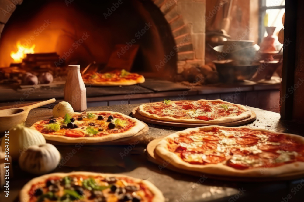 Traditional restaurant kitchen interior with wood fired brick oven, fresh baked pizzas on the table. Generative AI