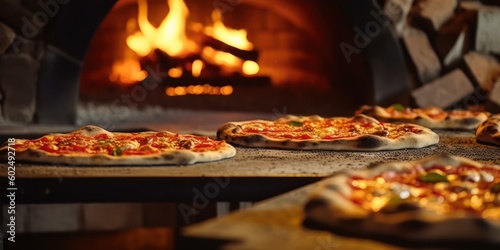 Fresh baked pizza closeup, traditional wood fired brick oven background. Generative AI