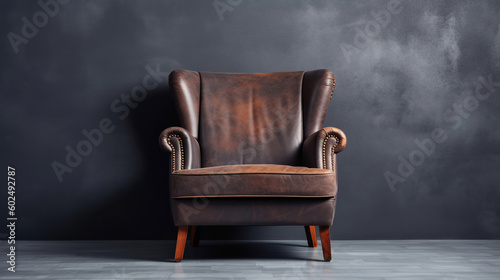 A beautiful and stylish brown leather armchair in front of a dark grey empty wall. Generative Ai