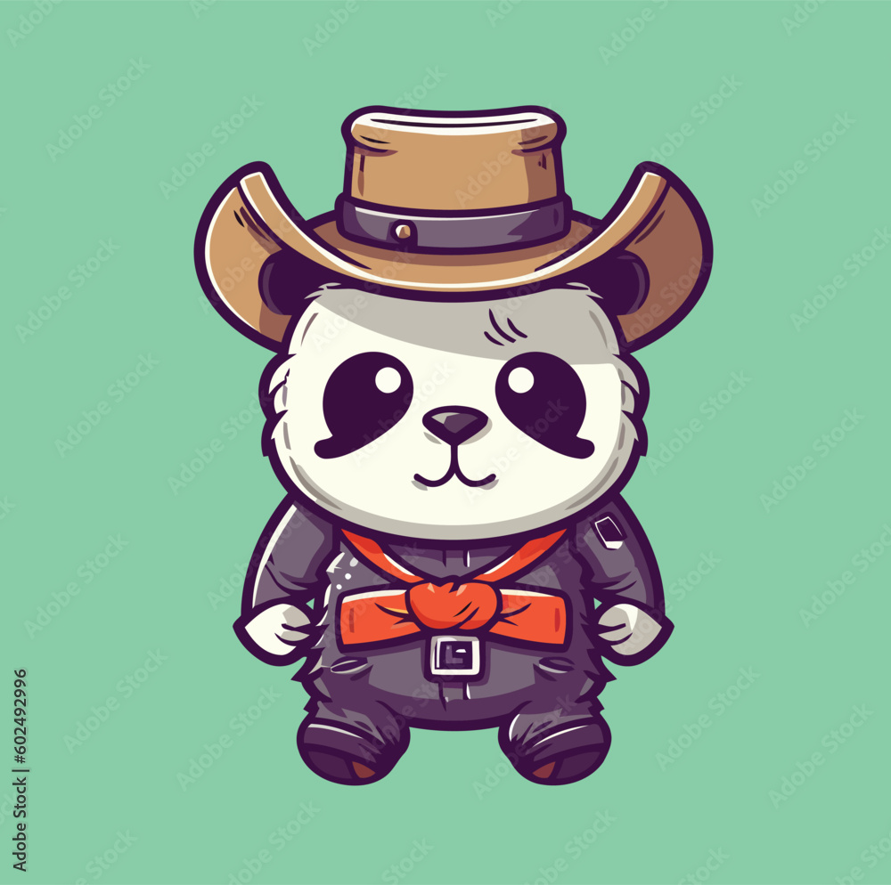 Obraz premium Panda Cowboy Sheriff Styles Vector Cartoon Icon Mascot Illustration