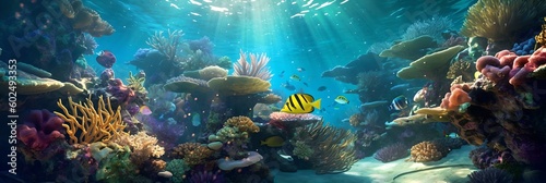 an underwater scene of a coral reef with a yellow fish