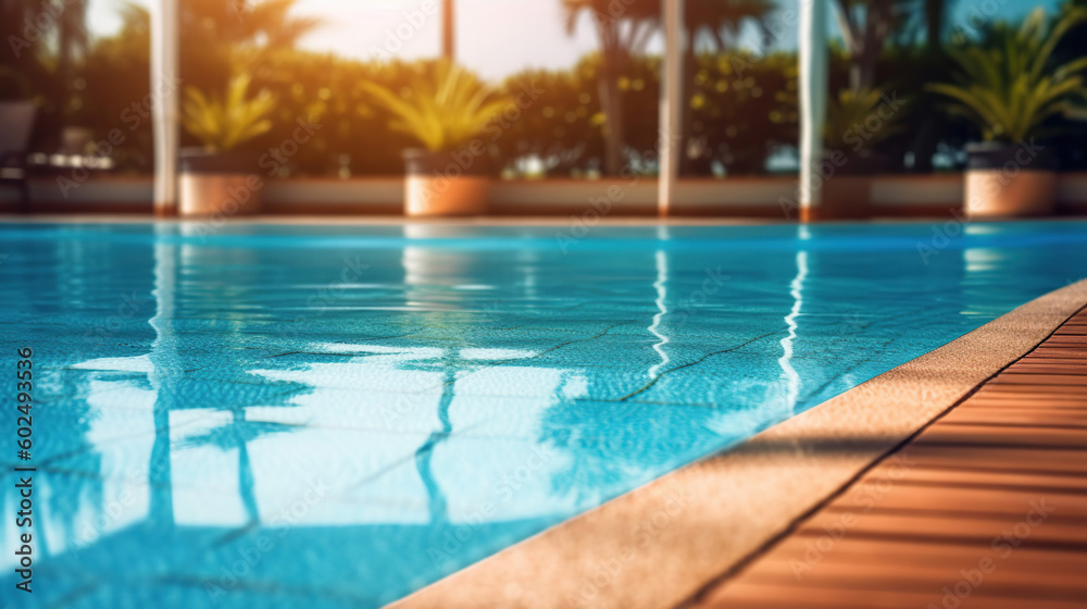Empty poolside surface with summer travel hotel swimming pool background. Generative Ai