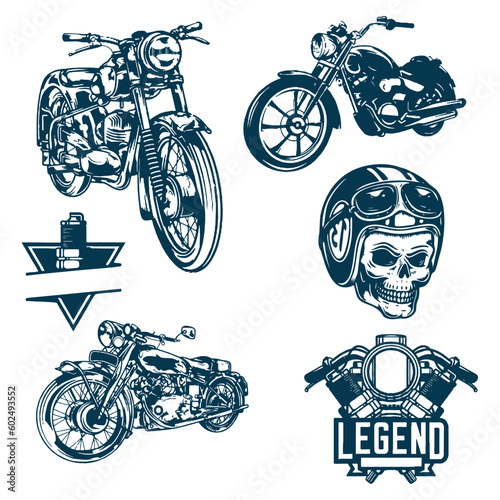Set of vintage old motorcycle racing drawings sticker
