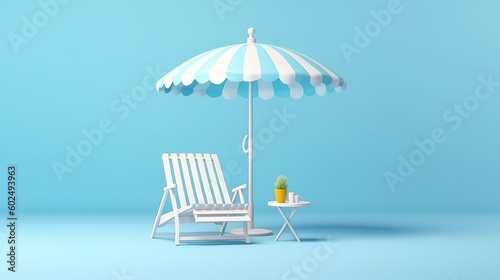 3d rendering of summer vacation concept with beach chair umbrella and summer elements isolated on blue background minimal style. generative ai