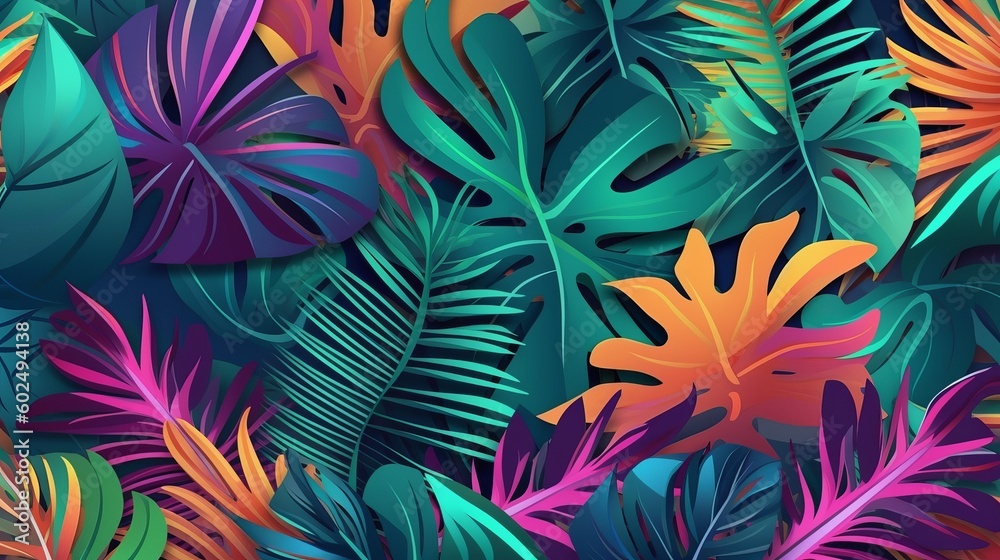 Hello Summer concept design, summer panorama, abstract illustration with jungle exotic leaves, colorful design, summer background and banner generative ai Hello Summer concept design, summer panorama, abstract illustration with jungle exotic leaves, colorful design, summer background and banner generative ai