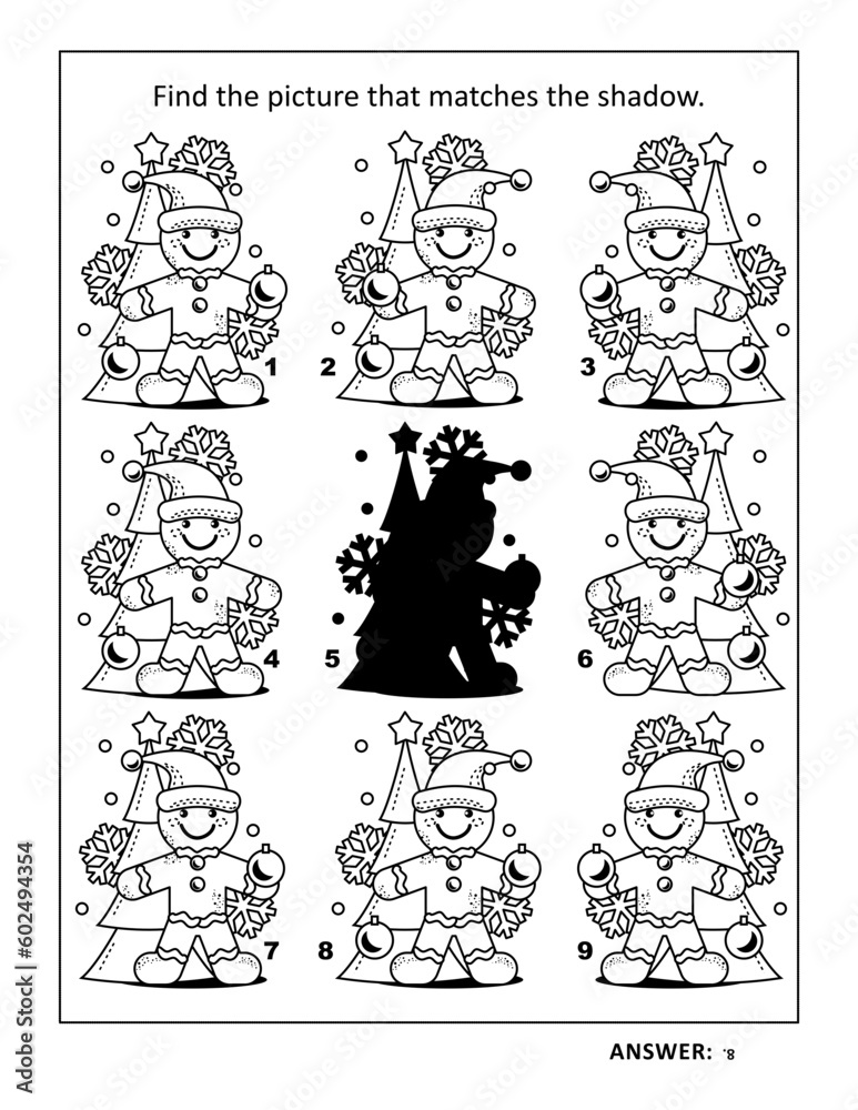Shadow game with cute gingerbread man decorating christmas tree: Find the picture that matches the shadow. Answer included.
Shadow game with cute gingerbread man decorating christmas tree: Find the picture that matches the shadow. Answer included.