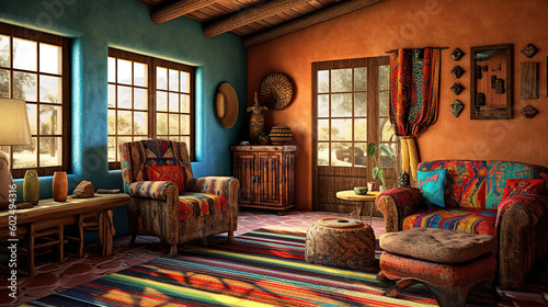 A Southwestern Style Living Room with Leather Furniture. Generative AI © rorozoa