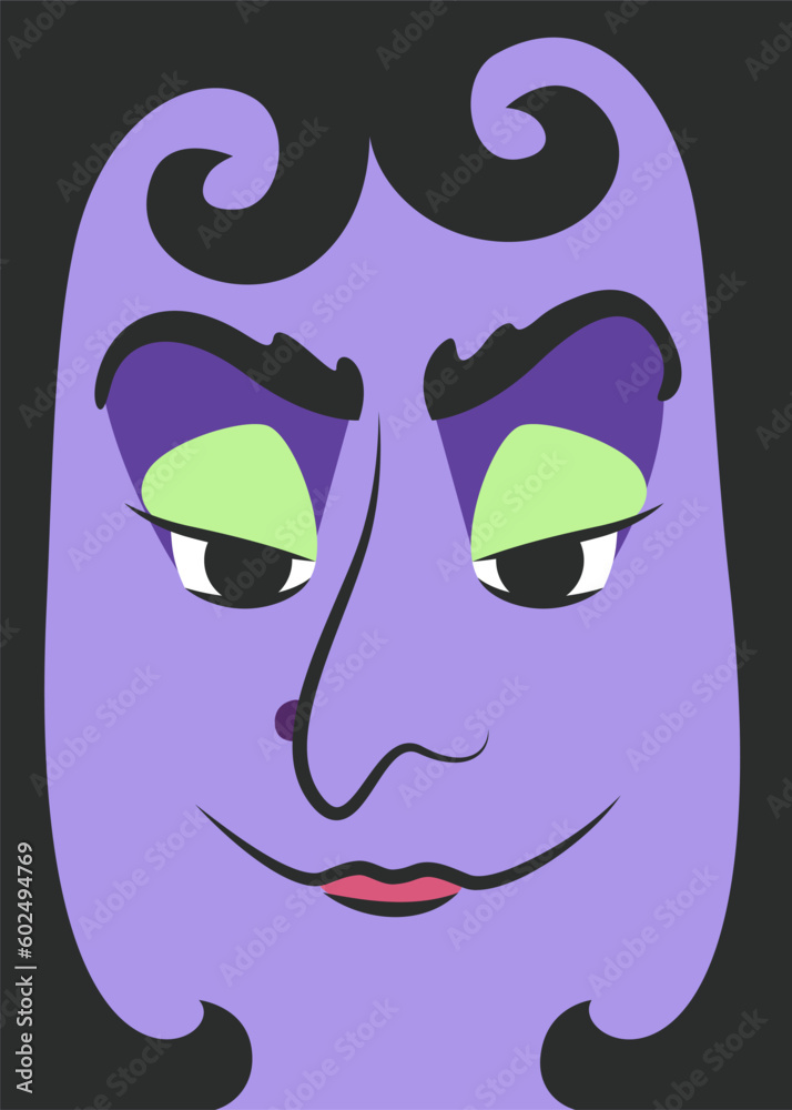 Poster in form of witch face. Halloween placard in flat style.