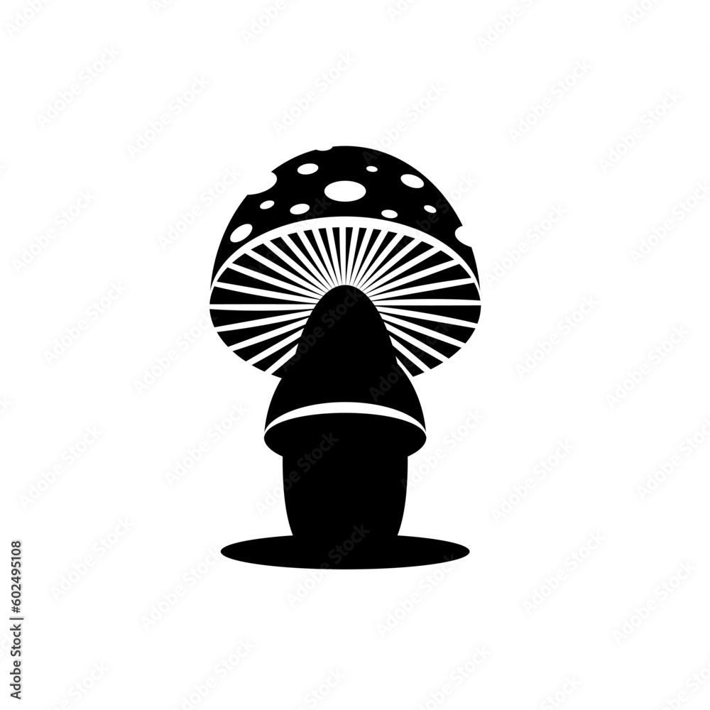 Amanita mushroom logo isolated on white background, single fly agaric mushroom cartoon black and white illustration in negative space style. Amanita mushroom logo isolated on white background, single fly agaric mushroom cartoon black and white illustration in negative space style.