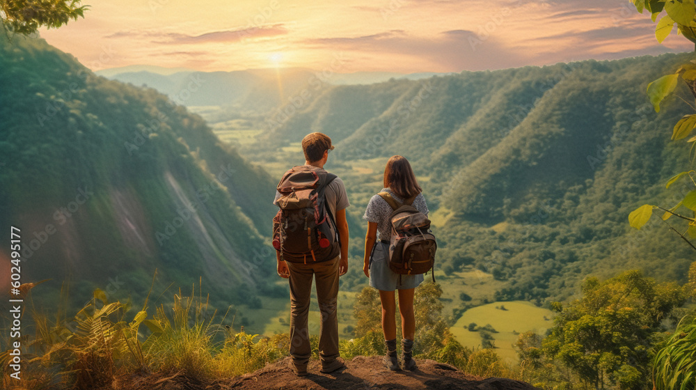 Obraz premium A couple walking down a path with a mountain in the background