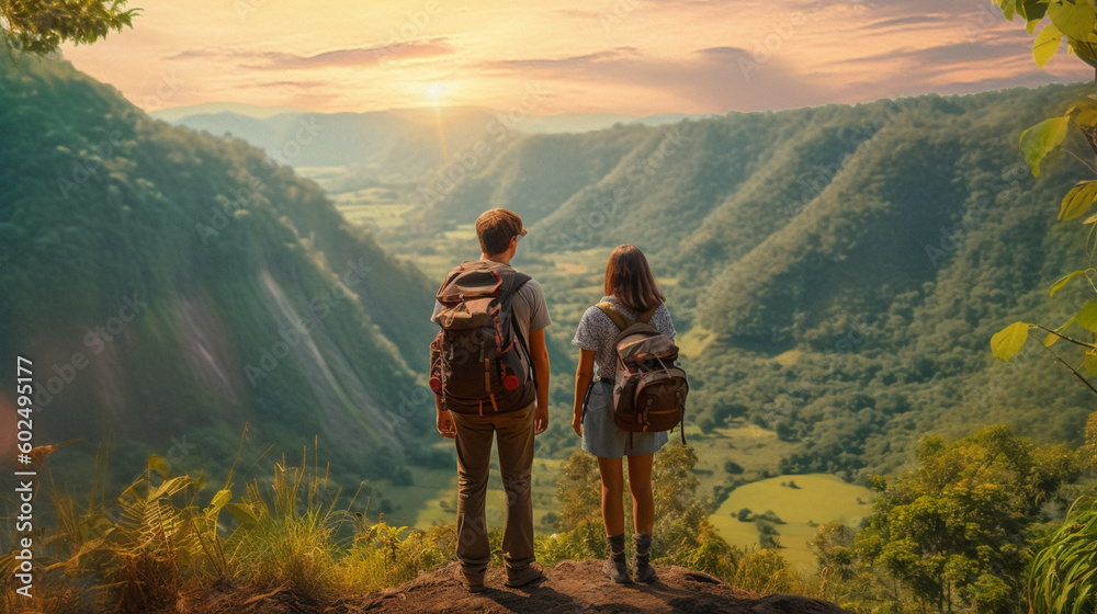 A couple walking down a path with a mountain in the background