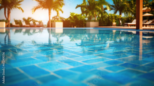 Empty poolside surface with summer travel hotel swimming pool background. Generative Ai © rorozoa