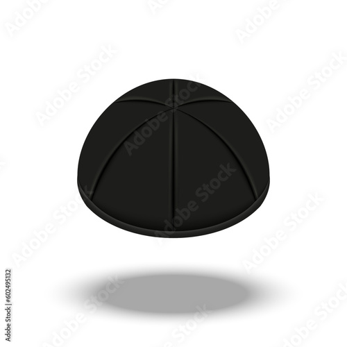 A black cloth kippah is a brimless cap traditionally worn by Jewish males isolated on white background back view, 3d realistic vector clipart, Orthodox Jewish symbol object.