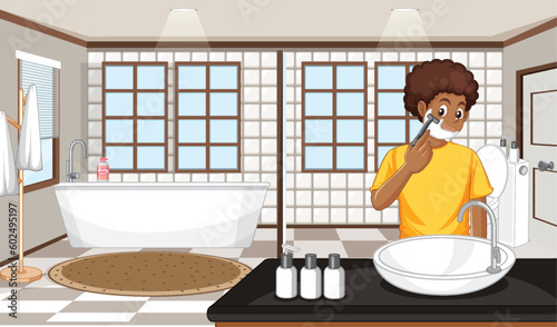 A male teen shaving beard