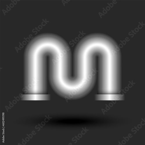 Bold letter M monogram 3d logo metallic tube with flanges smooth wave shape, chrome creative calligraphy lettermark, typography industrial design element.