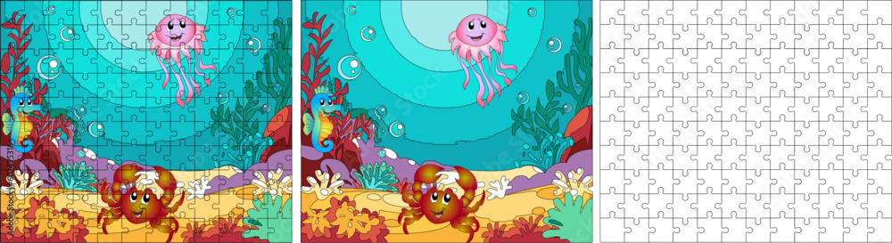 Puzzles. Seabed with crabs, jellyfish and seahorses. Cartoon. 120 pieces.