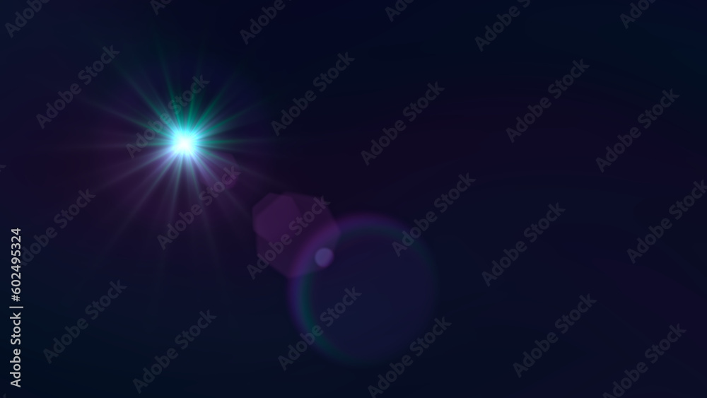 Lens flare effect on dark background for wallpaper, cover, poster. Purple green flash in night sky. Spread of light. Shine of star rays in interstellar space. Galaxy concept. Technology illustration Lens flare effect on dark background for wallpaper, cover, poster. Purple green flash in night sky. Spread of light. Shine of star rays in interstellar space. Galaxy concept. Technology illustration