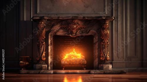 Large traditional fireplace with roaring fire. Empty mantle piece mockup shelf. Generative Ai