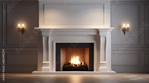Large traditional fireplace with roaring fire. Empty mantle piece mockup shelf. Generative Ai photo