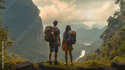 A couple walking down a path with a mountain in the background