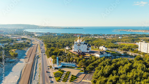 Gelendzhik, Russia. Cathedral of St. Andrew the First-Called. The text along the M4-Don Highway is translated: Glory to Russia, Kuban-Pearl of Russia. Gelenzhik-City Resort, Aerial View