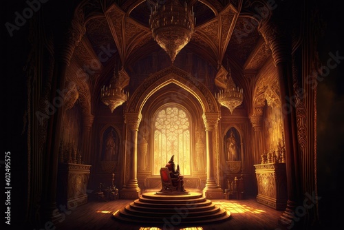 A golden filigree throne room in a medieval castle king sitting on the throne intricate designs the walls and ceiling, Generative AI AIG16. photo