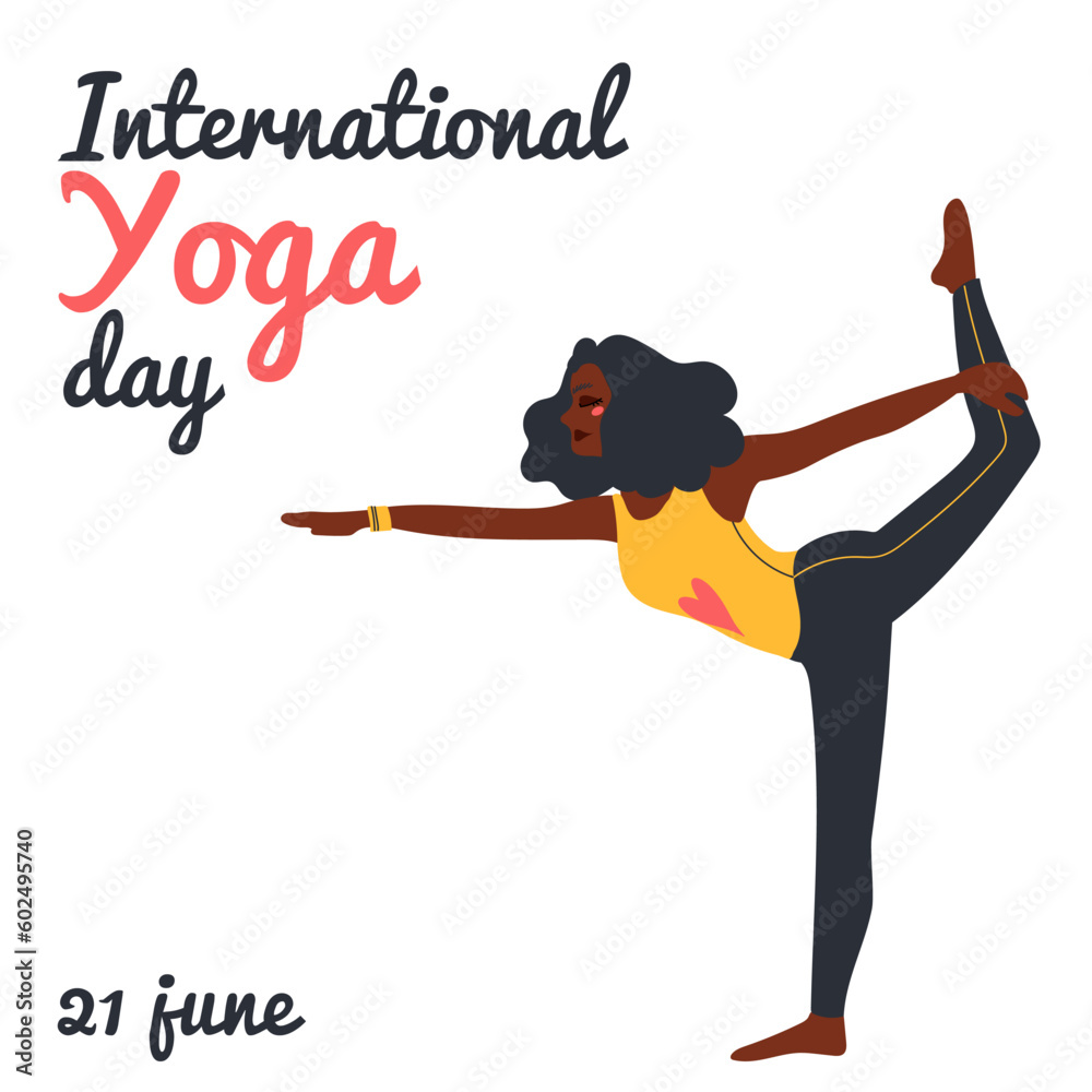 Naklejka premium International Yoga Day. African american woman doing yoga exercises. Flat vector illustration