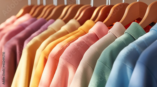Row of colorful clothes on hangers in pastel rainbow colors. Generative Ai
