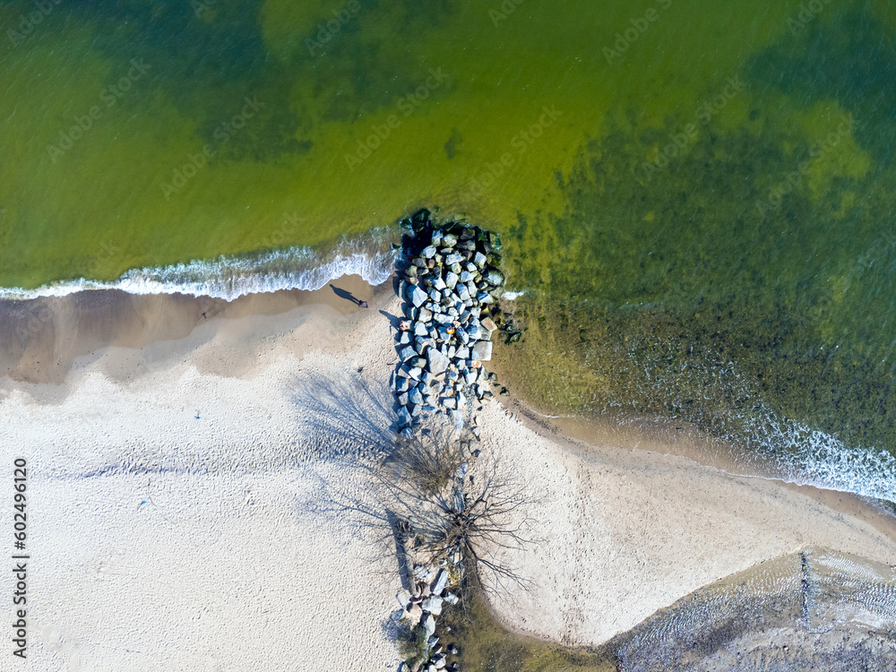 Aerial view landscape Poland Gdynia. View of beach and Baltic sea, sand, stones. Photo from a drone.