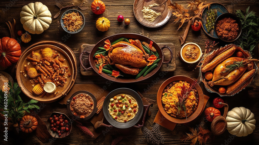 Thanksgiving dinner background with turkey and all sides dishes, pumpkin pie, fall leaves and seasonal autumnal decor on wooden background, top view, copy space. Generative Ai Thanksgiving dinner background with turkey and all sides dishes, pumpkin pie, fall leaves and seasonal autumnal decor on wooden background, top view, copy space. Generative Ai