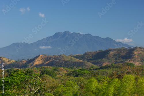 Chiriqui, Panama landscape with Volcan Baru, the tallest mountain and only active volcano in Panama, shown in the background on a sunny day.