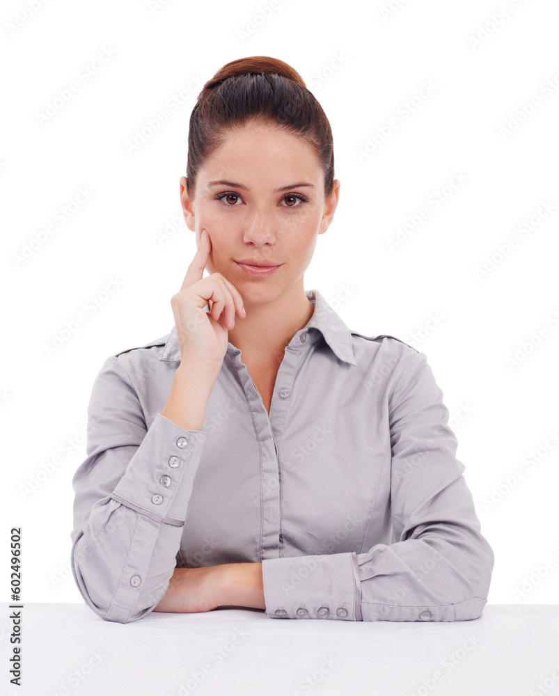 Professional, portrait and serious woman focus on corporate work, business management or career expert. Young female manager, confident agent and face of studio employee isolated on white background Professional, portrait and serious woman focus on corporate work, business management or career expert. Young female manager, confident agent and face of studio employee isolated on white background
