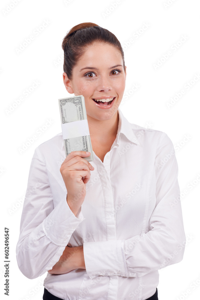 Portrait, surprise money and studio woman with cash prize, finance award or wow salary, income or revenue dollars. Financial freedom achievement, OMG winner and business person on white background Portrait, surprise money and studio woman with cash prize, finance award or wow salary, income or revenue dollars. Financial freedom achievement, OMG winner and business person on white background