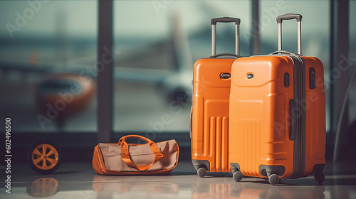 A suitcase on a runway with blurred airplane in the background. Business travel concept. Travel background. Generative Ai