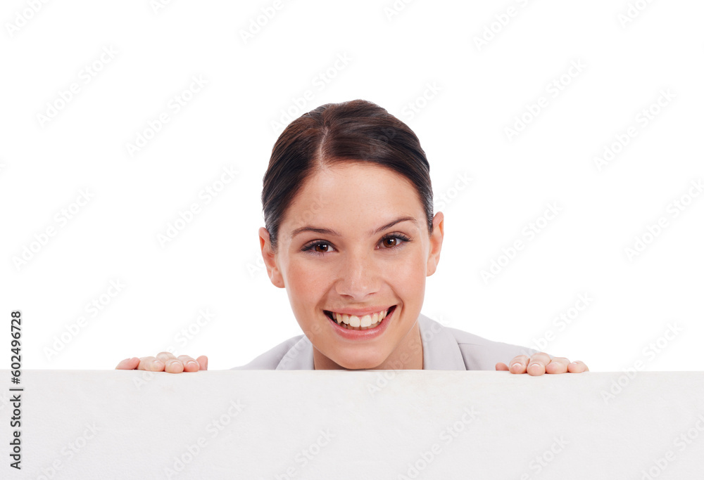 Portrait, mockup board and woman peeking over in studio isolated on a white background. Face, poster and happy female person with copy space, advertising and marketing, promotion and commercial. Portrait, mockup board and woman peeking over in studio isolated on a white background. Face, poster and happy female person with copy space, advertising and marketing, promotion and commercial.