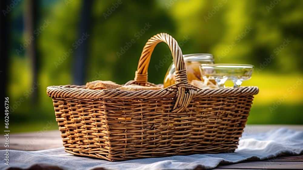 Against the background of picturesque autumn nature, a straw picnic basket on a simple wooden table. Country style. Close-up. The concept is rest, picnic. Banner, poster, postcard. Generative Ai Against the background of picturesque autumn nature, a straw picnic basket on a simple wooden table. Country style. Close-up. The concept is rest, picnic. Banner, poster, postcard. Generative Ai