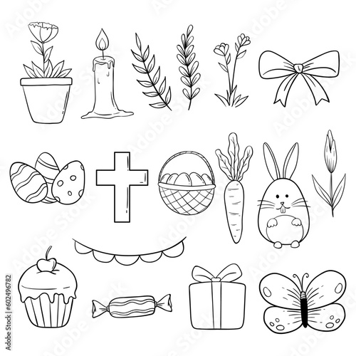 set of happy easter elements with doodle or hand drawing style