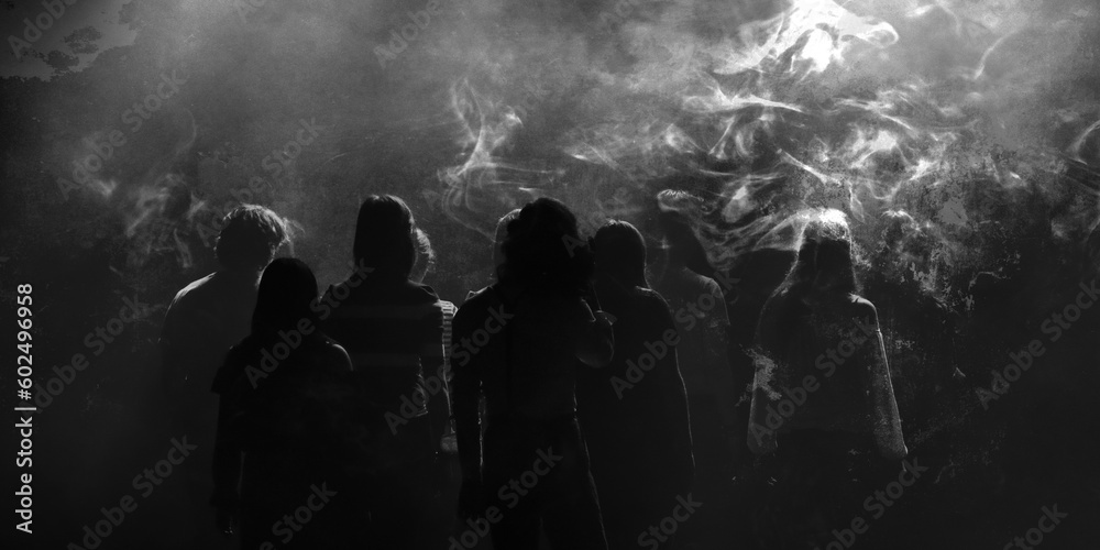 horror gray abstract grunge smoke texture- black grey background with people silhouette and blur cloud- scary haunted poster design crowd dance, concert, dark, disco, black, club, music