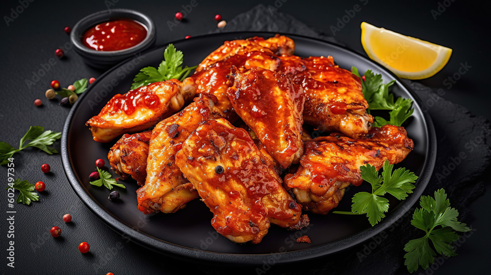 Grilled spicy chicken wings with ketchup on a black plate on a dark slate, stone or concrete background. Top view with copy space, generative ai