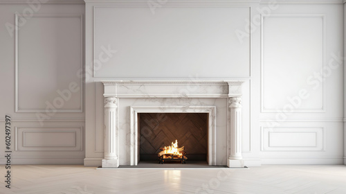 Large traditional fireplace with roaring fire. Empty mantle piece mockup shelf. Generative Ai