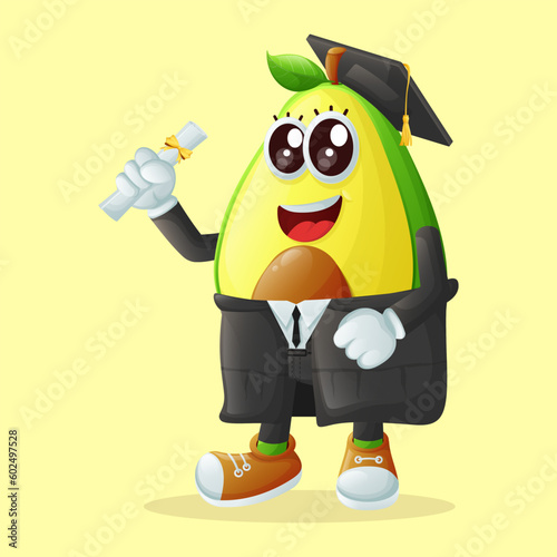Cute avocado character wearing a graduation cap and holding a diploma