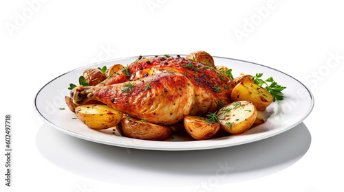 Roasted chicken and potatoes on white plate, white isolated background, generative ai