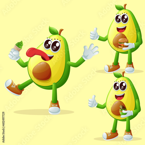 Cute avocado characters enjoying food