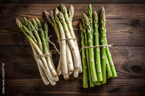 Top View Of Green And White Fresh Asparagus Bunches On Wooden Background - Generative AI