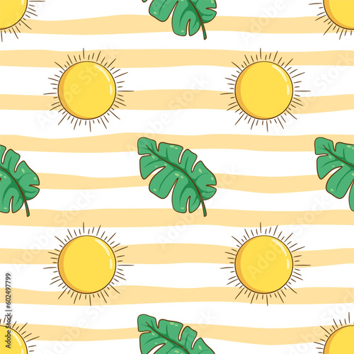 summer sun and monstera in seamless pattern