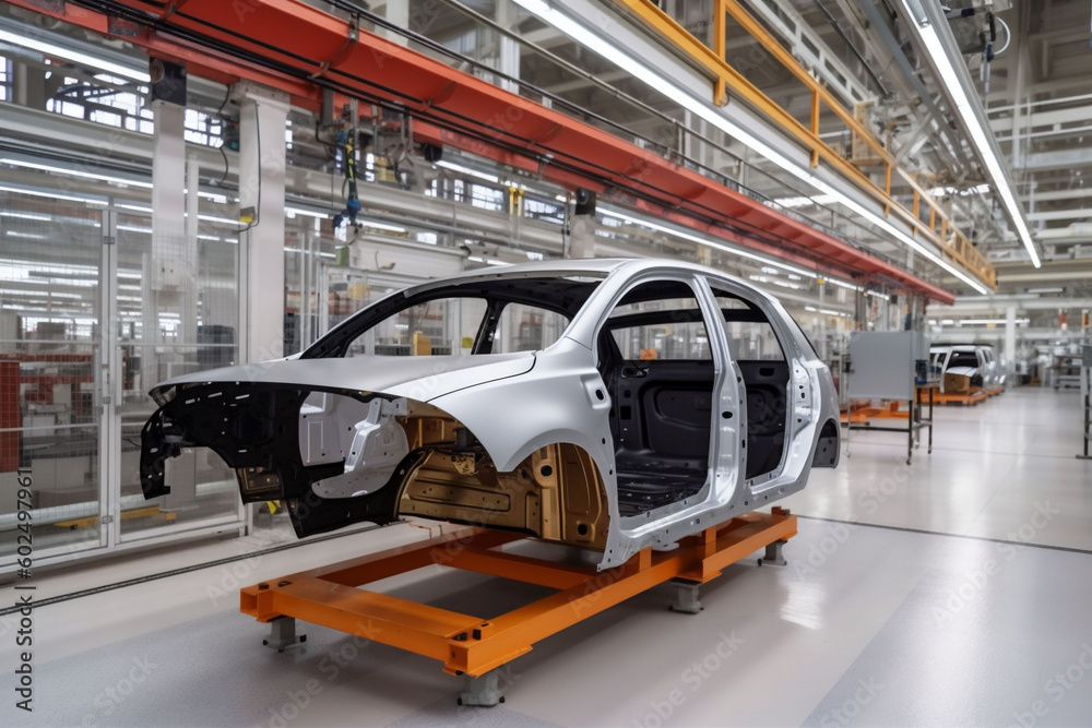 transportation automobile industrial industry technology automotive car machine factory assembly. Generative AI.