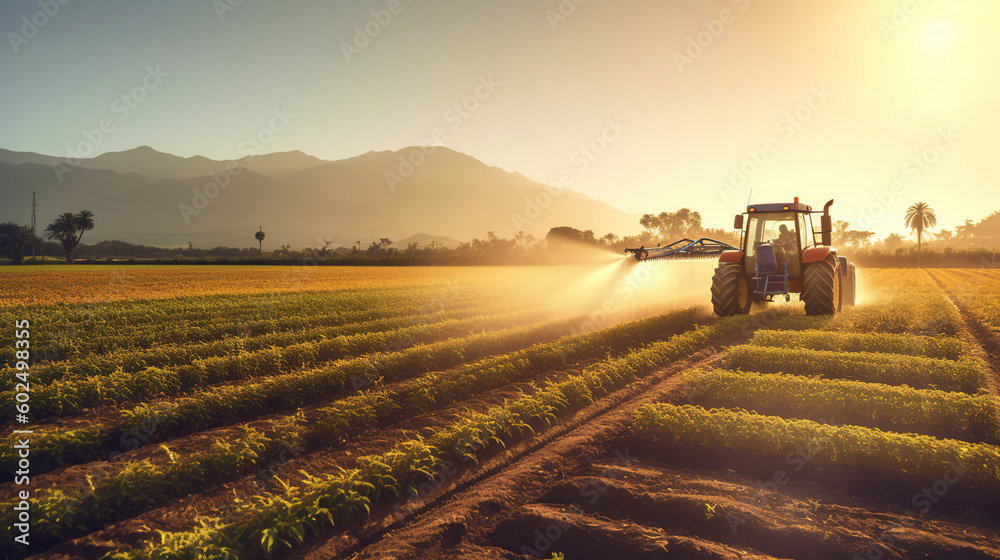 A tractor sprays pesticides on plantation field at sunset. Generative Ai A tractor sprays pesticides on plantation field at sunset. Generative Ai