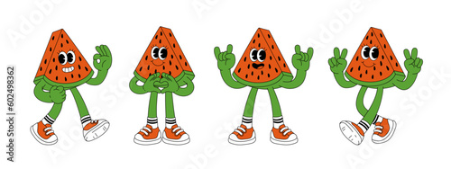 Fruit retro funky cartoon characters. Comic mascot of watermelon with happy smile face, hands and feet. Groovy summer vector illustration. Fruits flower berries juicy sticker pack.